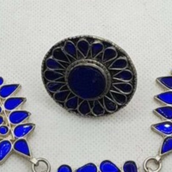 Blue Glass Stones Mala Pendant Necklace With Big Earrings and Ring, Handmade - Picture 12 of 12